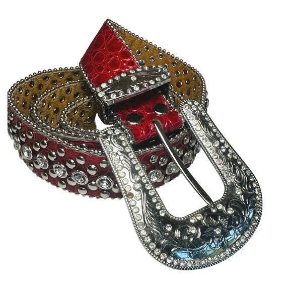 Vintage Red Genuine Leather Rhinestone
Studded Western Cowgirl Belt XL 46-49” - Picture 2 of 10